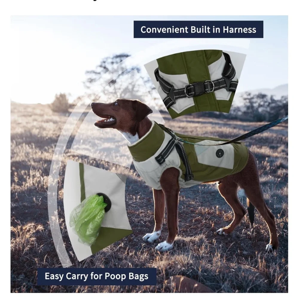 IECOii Zip Up Dog Coat - Waterproof Winter Fleece Jacket in Army Green, 726/bb1